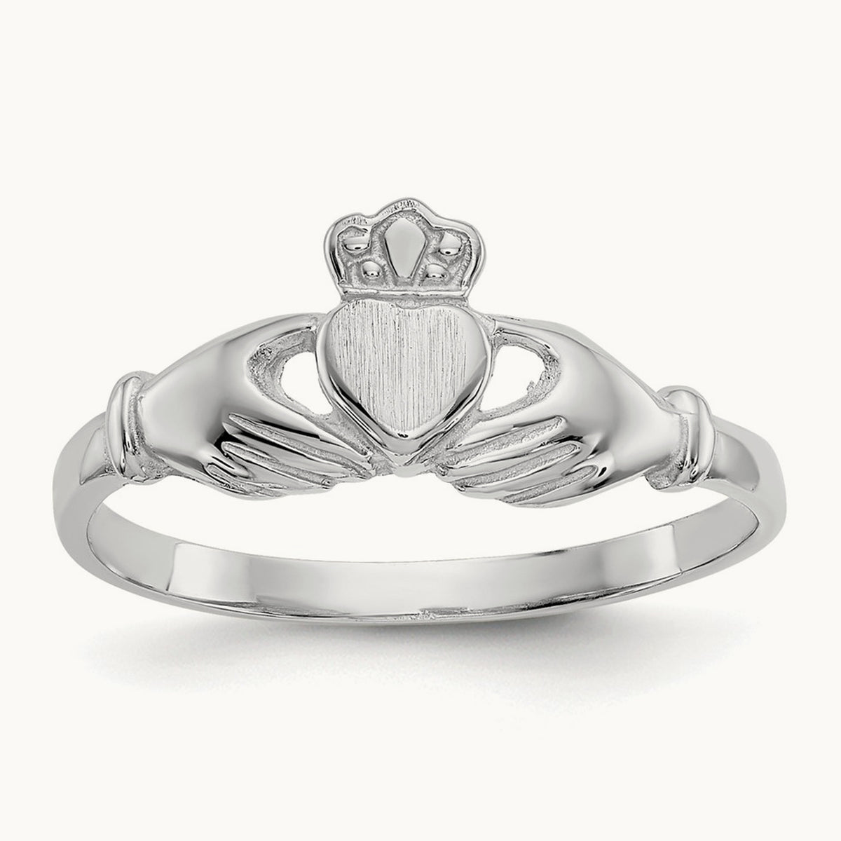 Polished and Satin Claddagh Ring, 14K White Gold