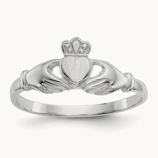 Polished and Satin Claddagh Ring, 14K White Gold