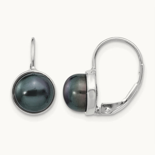 6- Black Button FW Cultured Pearl Leverback Earrings, 7mm, 14K White Gold