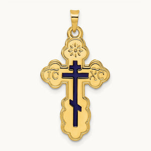 Polished Eastern Orthodox Blue Enamel Solid Cross Pendant, 14K