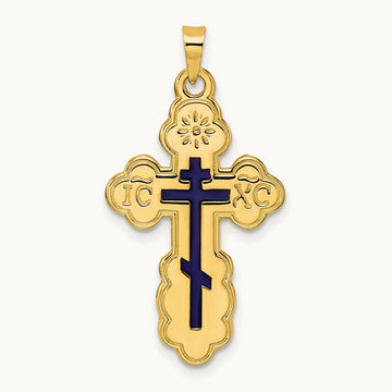 Polished Eastern Orthodox Blue Enamel Solid Cross Pendant, 14K