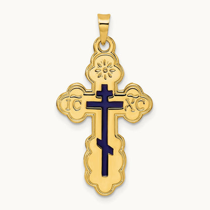 Polished Eastern Orthodox Blue Enamel Solid Cross Pendant, 14K
