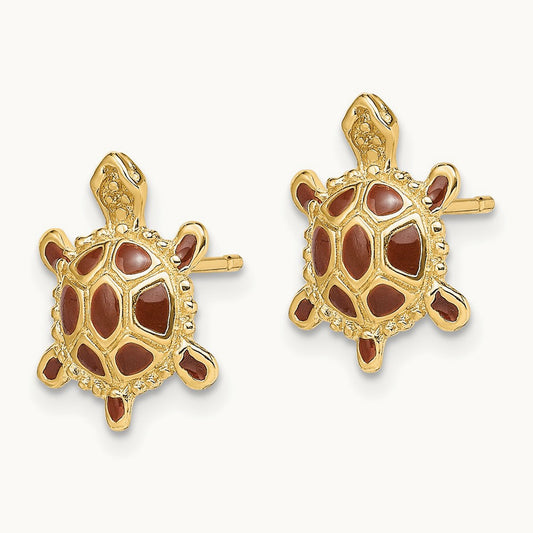 Sea Turtle W/Spiny Brown Enamel Shell Earrings, 14K