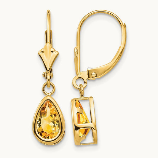 8x5mm Pear Citrine Leverback Earrings — 14K Yellow Gold