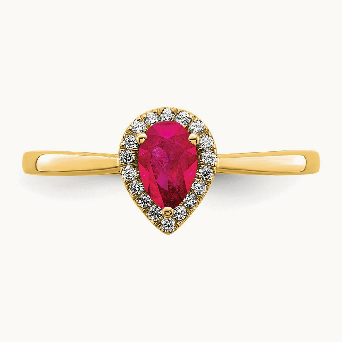 Pear Ruby and Diamond Halo Ring, 14K