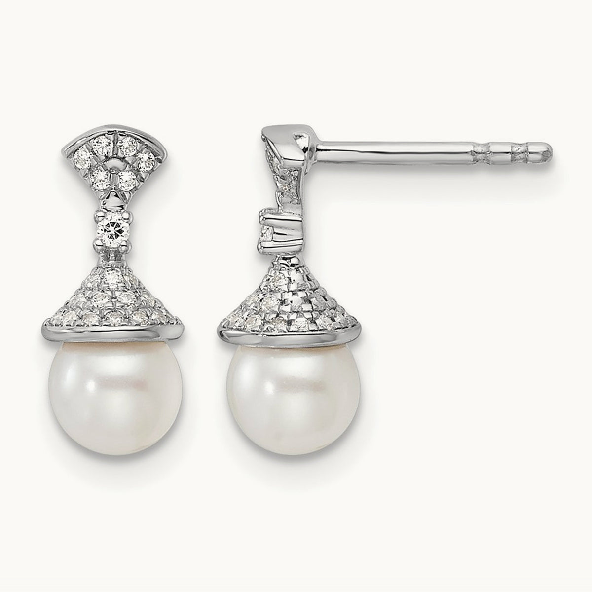 Polished Diamond and Pearl Drop Post Earrings — photo set