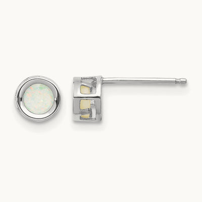 Bezel October/Opal Post Earrings, 4mm, 14K White Gold