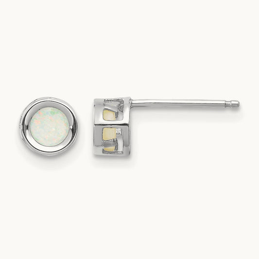 Bezel October/Opal Post Earrings, 4mm, 14K White Gold