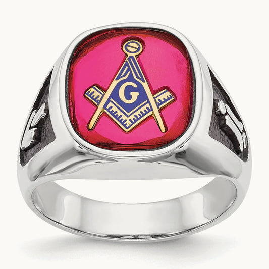 Men's Textured w/ Black Enamel & Lab Cr. Ruby Masonic Ring, 14K White Gold