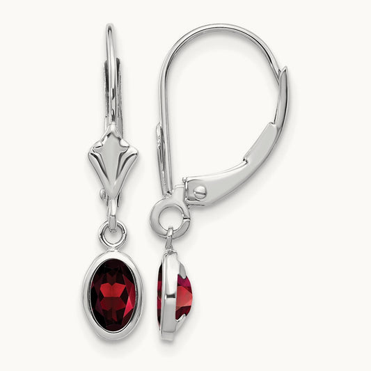 6x4 Oval Garnet/January Earrings, 14K White Gold