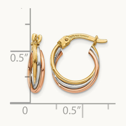 Tri-color Twisted Hoop Earrings, 14K
