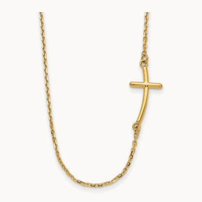 Small Sideways Curved Cross Necklace — 14K Yellow Gold