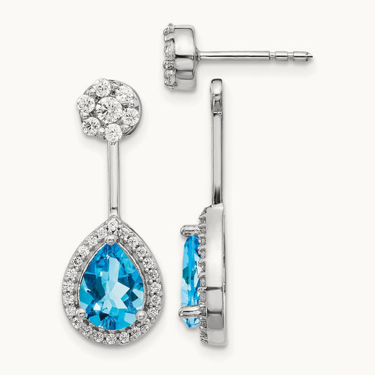 Diamond/Pear Blue Topaz Front/Back Earrings, 14K White Gold