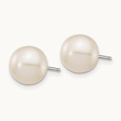 8- White Round FW Cultured Pearl Stud Post Earrings, 9mm, 14K White Gold