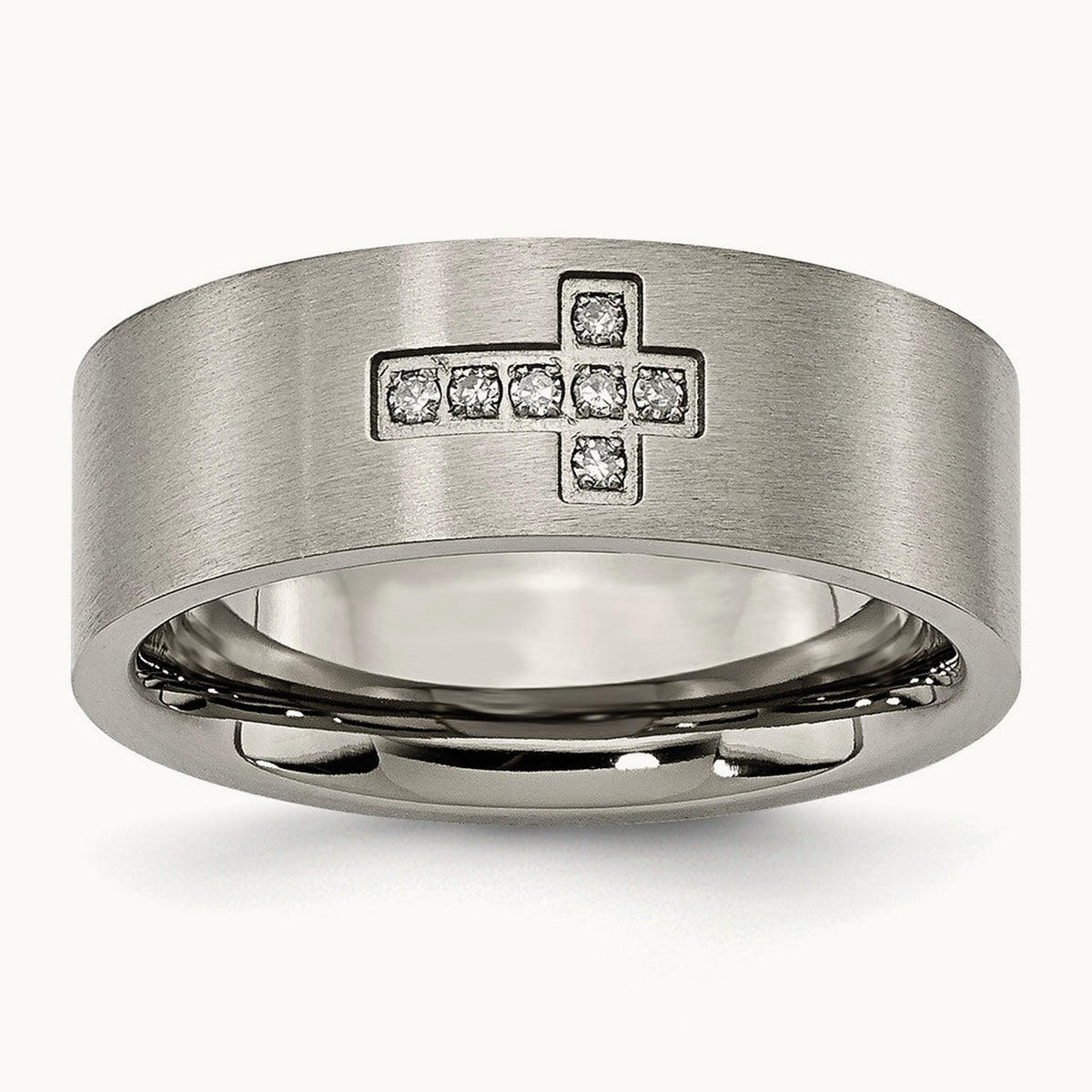 Brushed 1/15ct Diamond Cross Flat Band, 8mm, Titanium