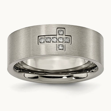 Brushed 1/15ct Diamond Cross Flat Band, 8mm, Titanium