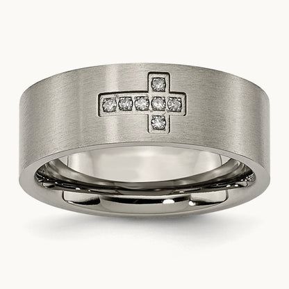 Brushed 1/15ct Diamond Cross Flat Band, 8mm, Titanium