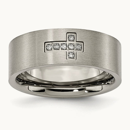 Titanium Brushed Cross 8mm Flat Band, 0.05 ct tw