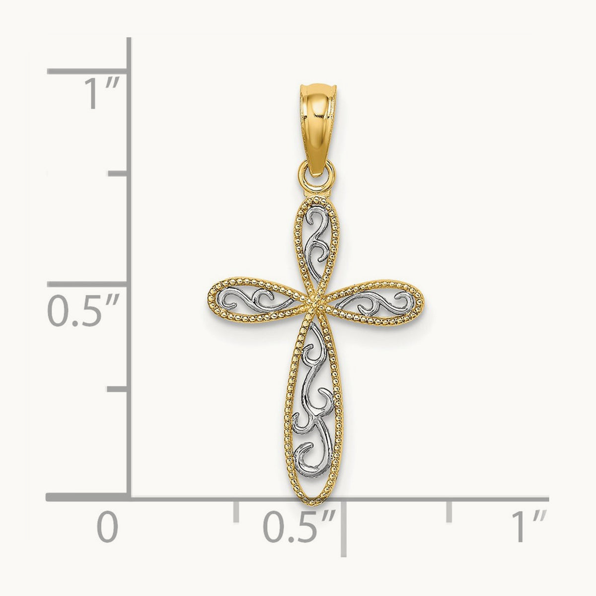 w/ Rhodium Filigree and Milgrain Cross Charm, 14K