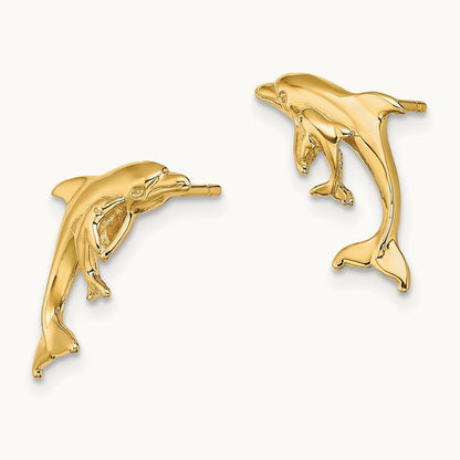 Polished Dolphin and Baby Post Earrings, 14K