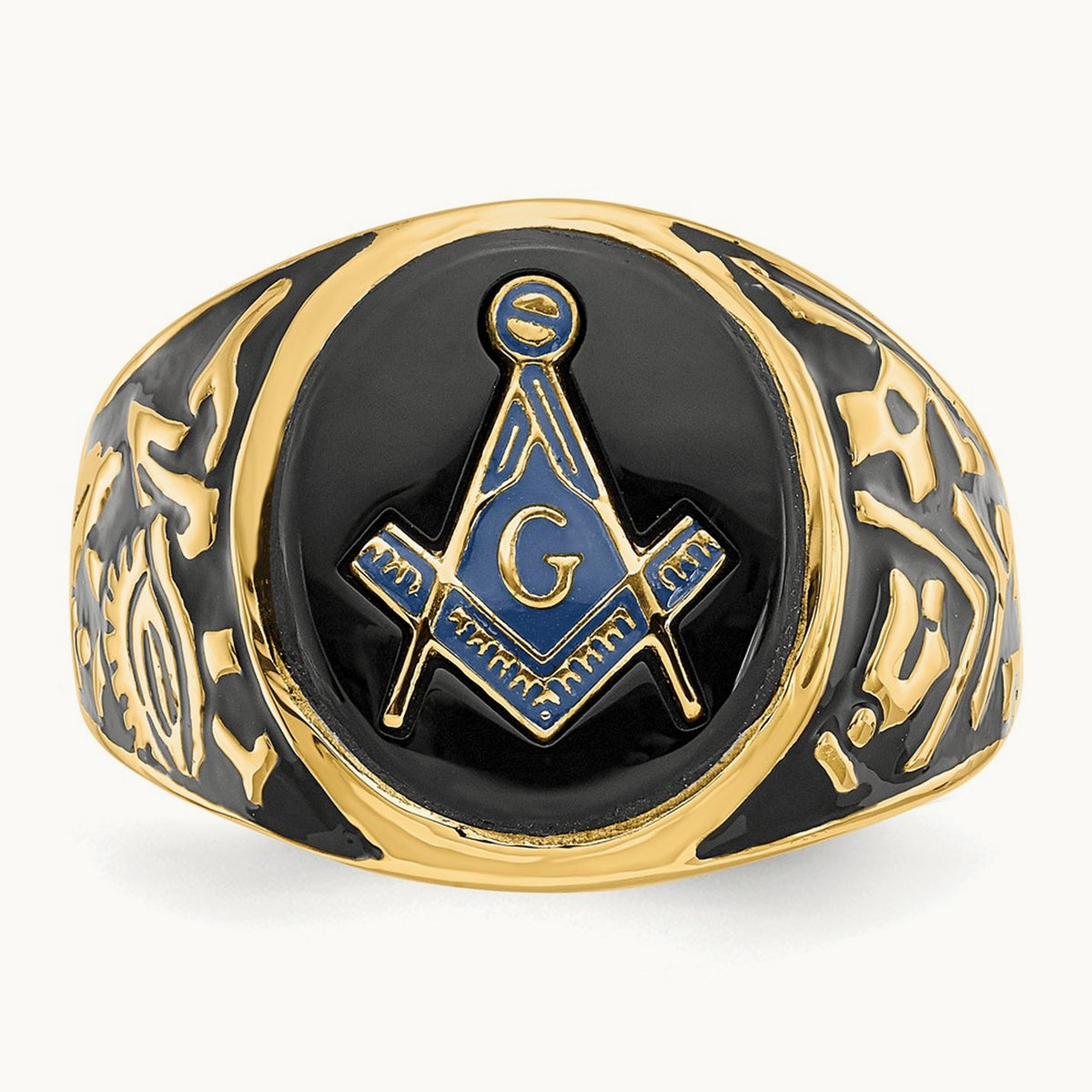 Men's Polished & Textured w/ Epoxy & Onyx Masonic Ring, 14K