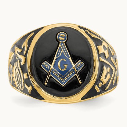 Men's Polished & Textured w/ Epoxy & Onyx Masonic Ring, 14K