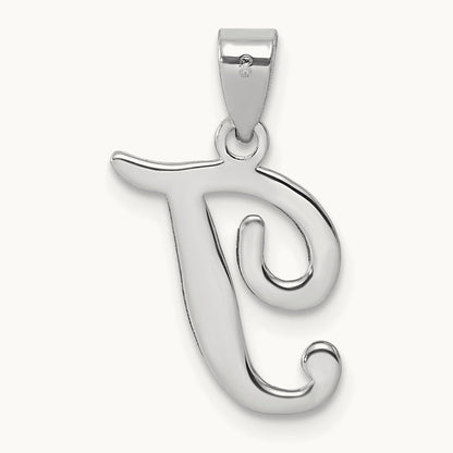White Gold Script Letter T Initial Pendant, 14K White Gold
