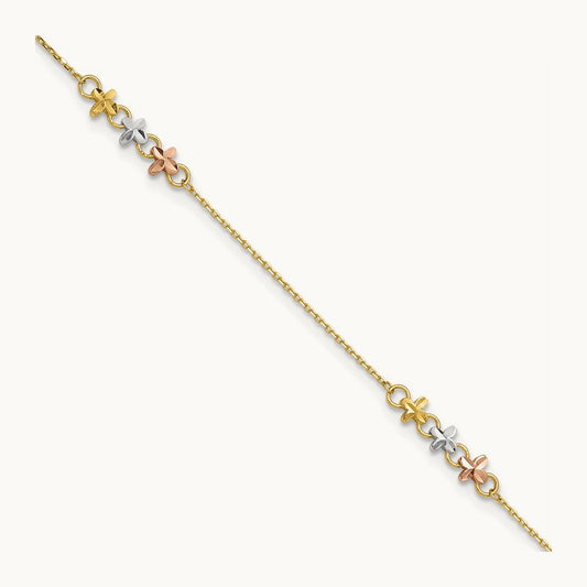 w/White Rhod Flowers 9in Plus 1in ext Anklet, 14K Two-tone