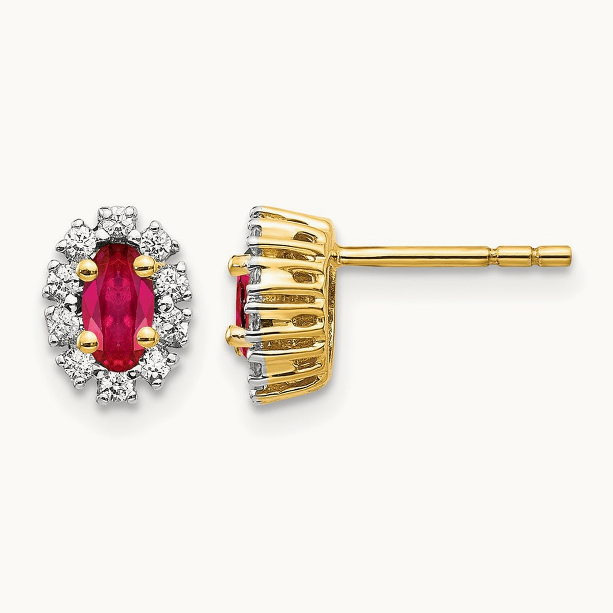 Oval Created Ruby Halo Post Earrings, 0.20 ct tw Lab-Grown Diamond