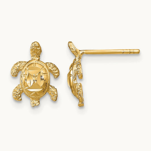 Polished Diamond-cut Sea Turtle Post Earrings, 14K