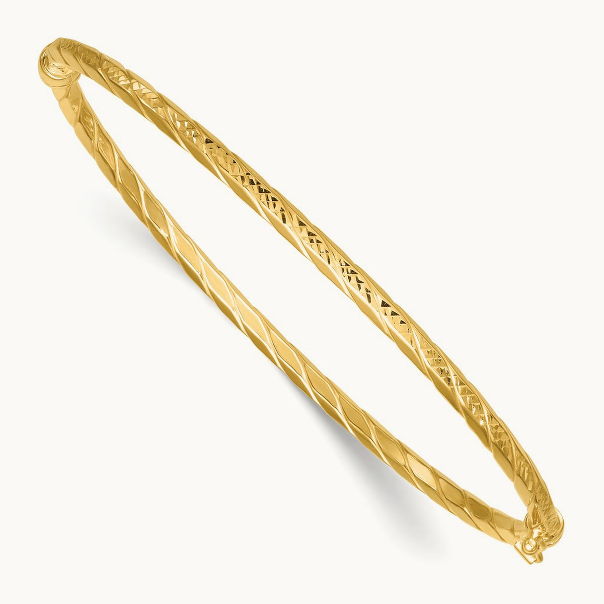 Polished and Diamond-cut Twisted Hinged Bangle, 14K
