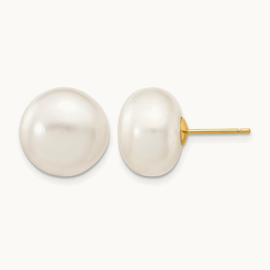 12- White Button Freshwater Cultured Pearl Stud Post Earrings, 13mm, 14K