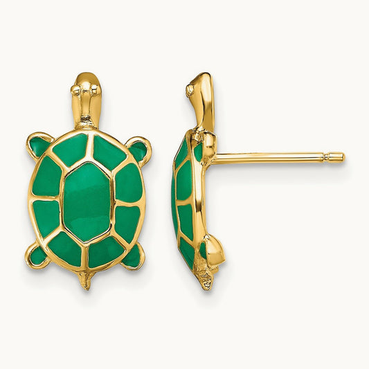 Land Turtle W/Green Enamel Shell Earrings, 14K