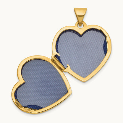 Polished Blue Fabric Open Cross Heart Locket, 18mm, 14K
