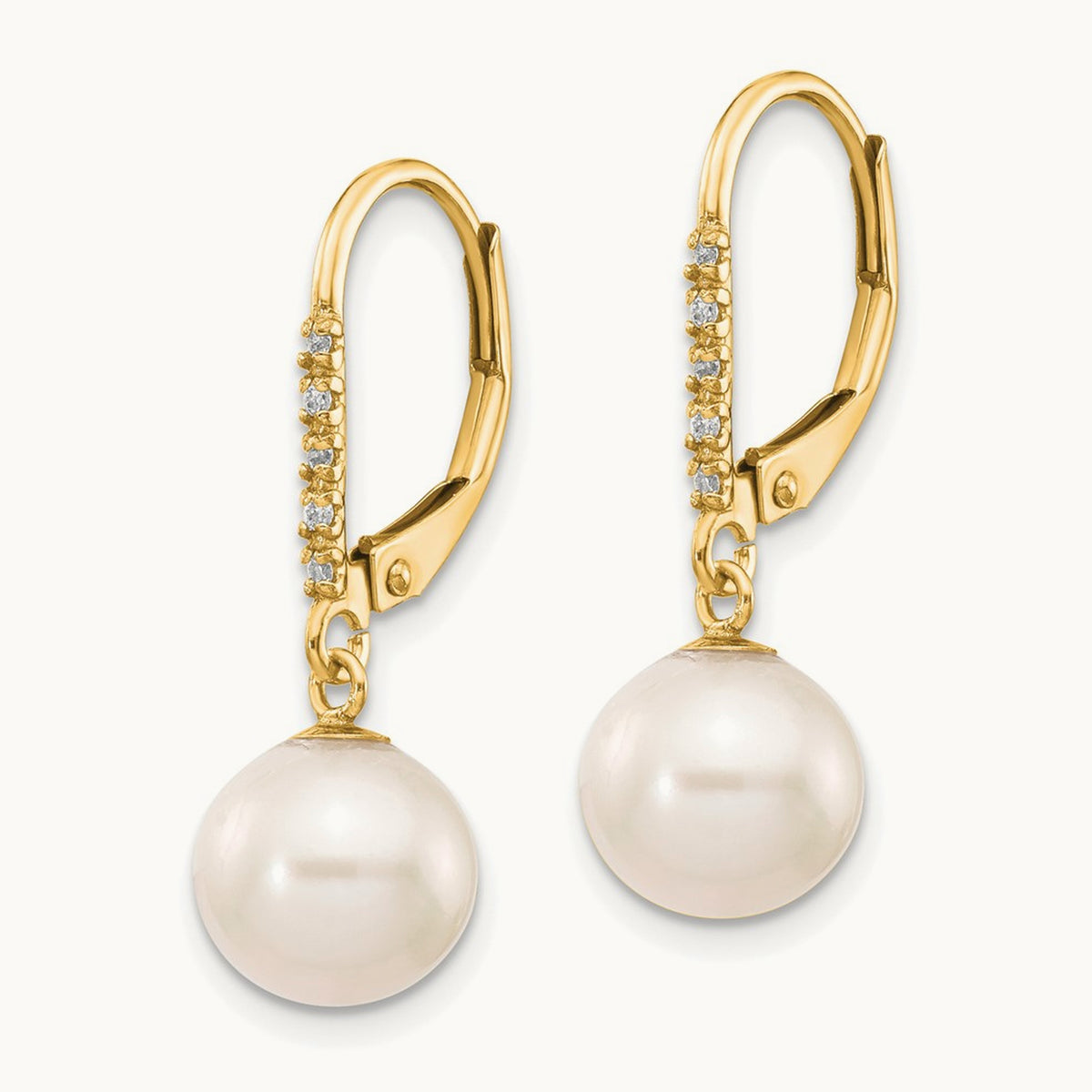 Round Freshwater Cultured Pearl Diamond Leverback Earrings — 14K Yellow Gold