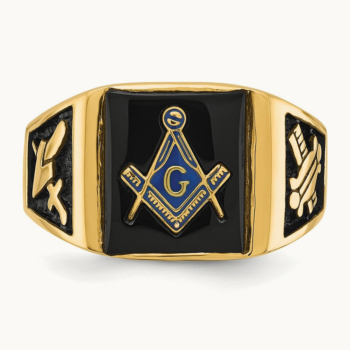 Men's Polished and Textured with Black Enamel & Onyx Masonic Ring, 14K