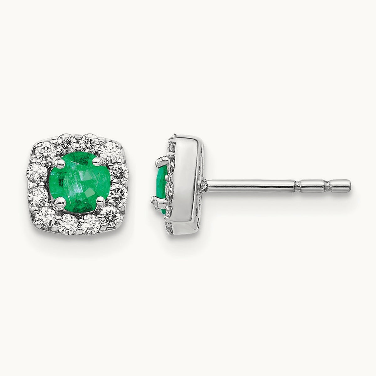 Diamond and Emerald Square Halo Earrings, 14K White Gold