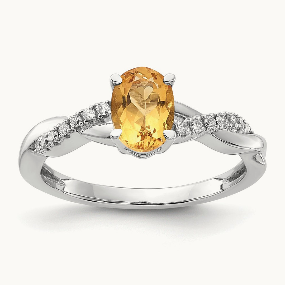 Oval Citrine and Diamond Ring — 14K White Gold, 0.084 ct, 7