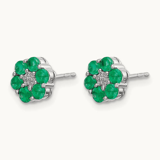 Polished Emerald and Diamond Post Earrings, 14K White Gold