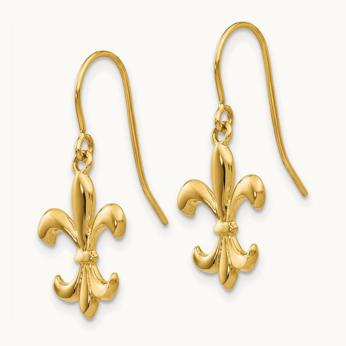 Polished Fleur de lis Dangle Earrings, 14K