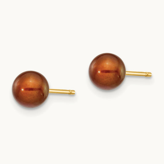 5- Brown Round Freshwater Cultured Pearl Stud Post Earrings, 6mm, 14K