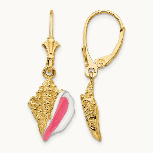 Enameled Conch Shell Leverback Earrings, 14K