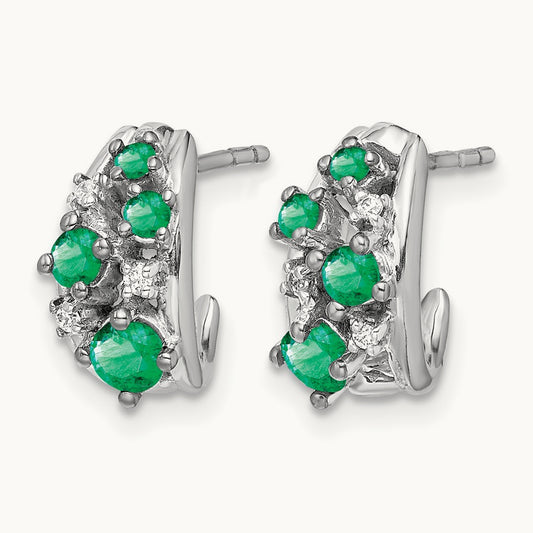 Diamond and Emerald Polished Post Hoop Earrings, 14K White Gold