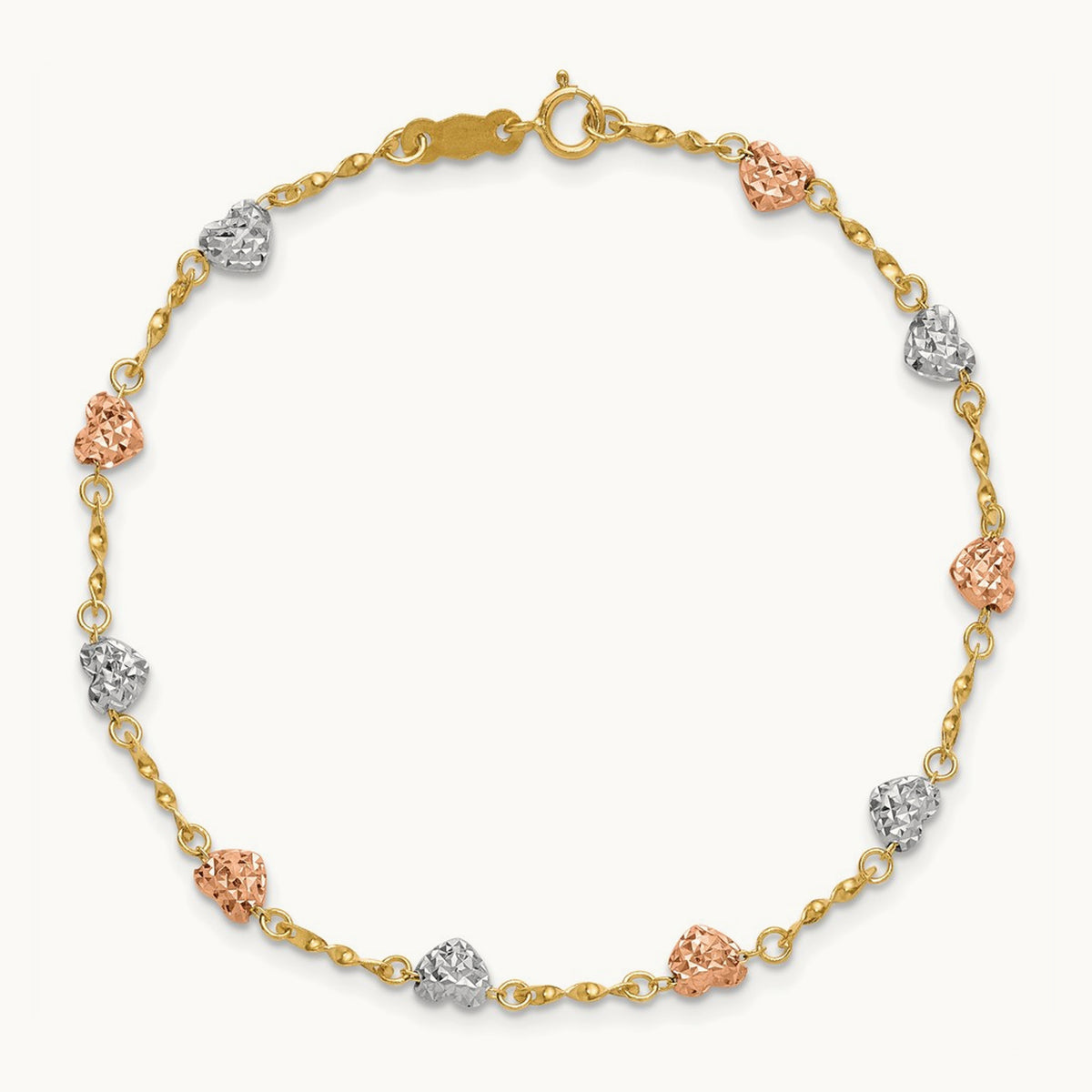 Tri-color Diamond-cut Puff Heart Bracelet, 14K