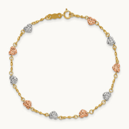 Tri-color Diamond-cut Puff Heart Bracelet, 14K