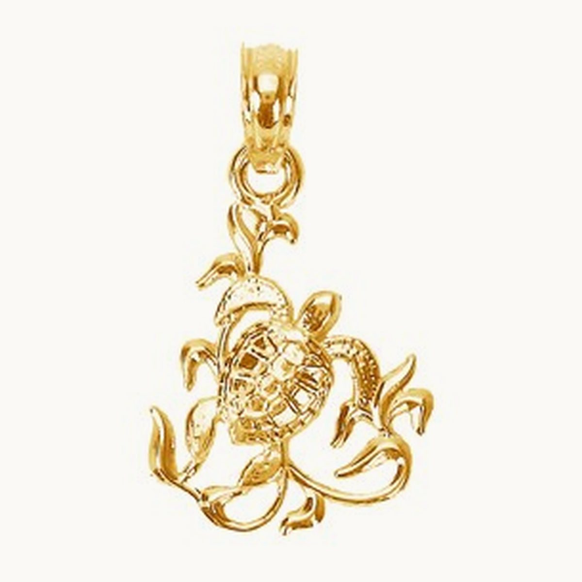 Textured Mini Sea Turtle and Kelp Charm, 14K