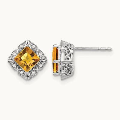 Square Citrine and Diamond Earrings — 14K White Gold, 8.25mm