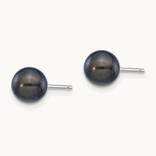 6- Round Black Saltwater Akoya Cultured Pearl Earrings, 7mm, 14K White Gold