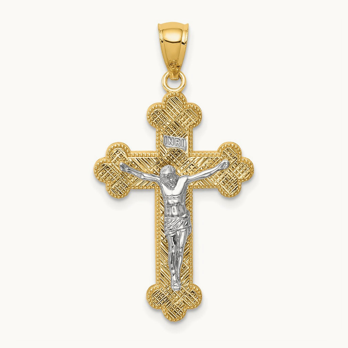 w/Rhodium Inri Budded Crucifix, 14K Two-tone
