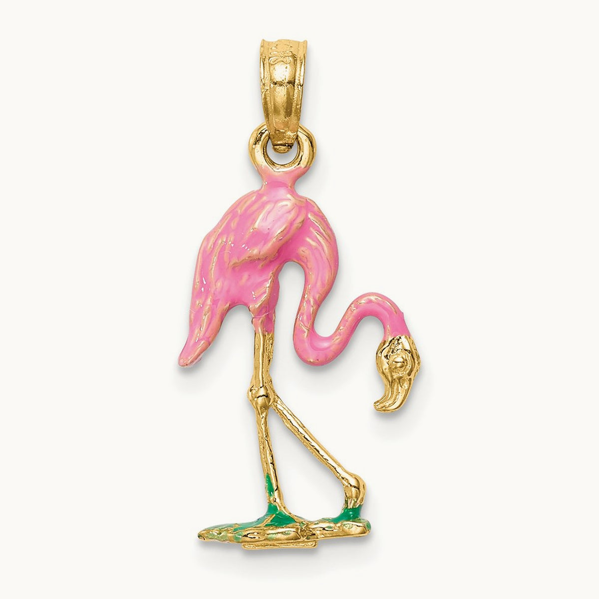 Enameled Flamingo Pendant, 14K